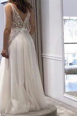 A Line V Neck Ivory Lace Wedding Dresses, Ivory Lace Long Formal Prom Dresses