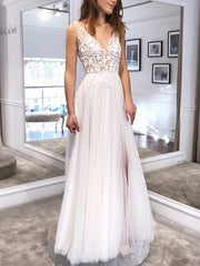A Line V Neck Ivory Lace Wedding Dresses, Ivory Lace Long Formal Prom Dresses