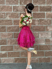 A Line V Neck Layered Fuchsia Lace Prom Dresses, Fuchsia Lace Homecoming Dresses, Short Fuchsia Formal Evening Dresses