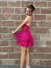 A Line V Neck Layered Fuchsia Lace Prom Dresses, Fuchsia Lace Homecoming Dresses, Short Fuchsia Formal Evening Dresses