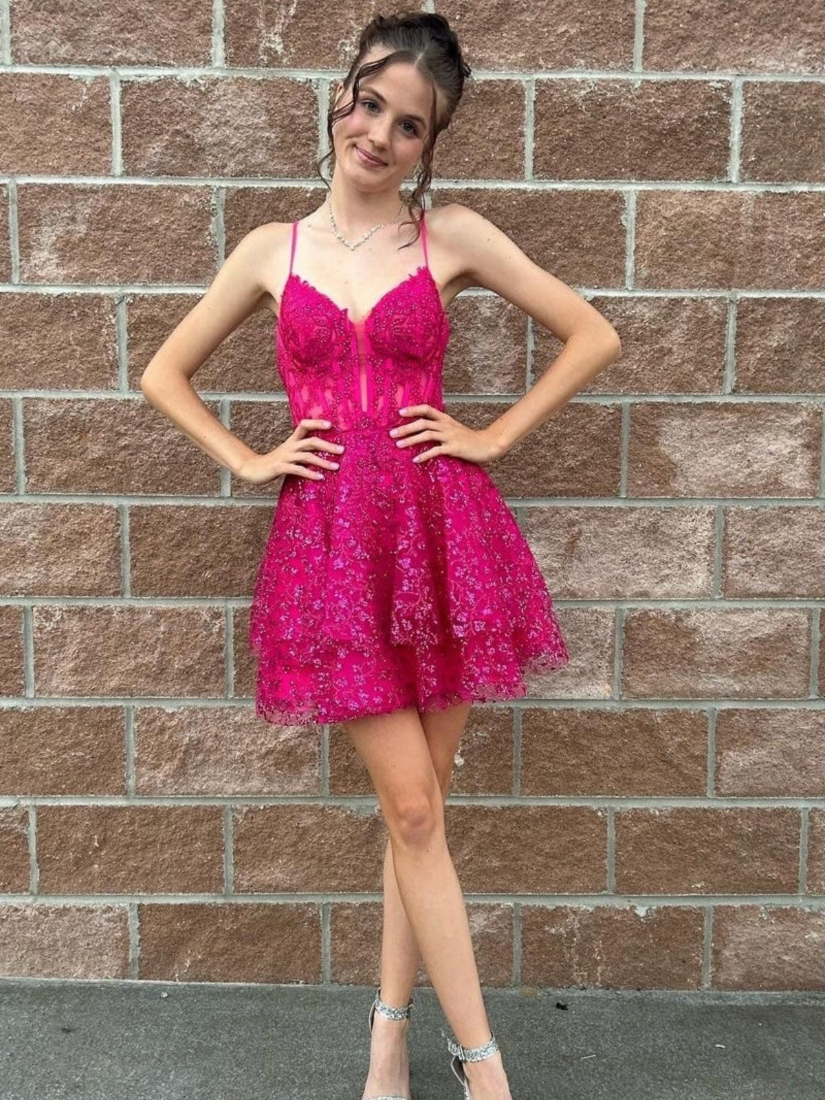 A Line V Neck Layered Fuchsia Lace Prom Dresses, Fuchsia Lace Homecoming Dresses, Short Fuchsia Formal Evening Dresses