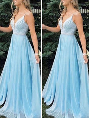 A Line V Neck Light Blue Beaded Prom Dresses, Light Blue Long Formal Evening Dresses