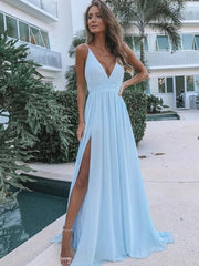 A Line V Neck Light Blue Chiffon Prom Dresses, Simple Style Sky Blue Long Formal Bridesmaid Dresses
