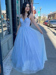 A Line V Neck Light Blue Prom Dresses, V Neck Light Blue Formal Graduation Dresses