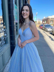 A Line V Neck Light Blue Prom Dresses, V Neck Light Blue Formal Graduation Dresses