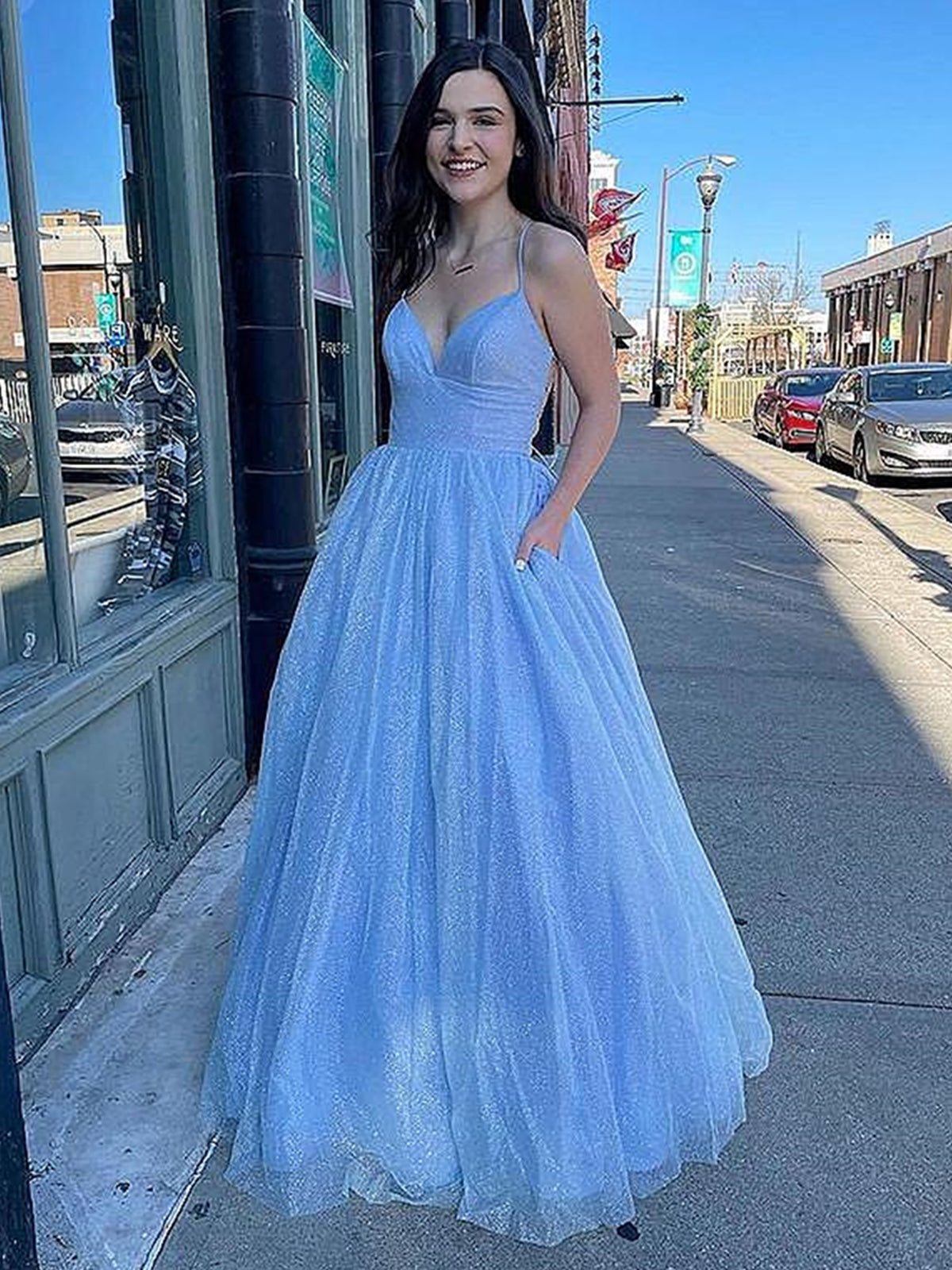 A Line V Neck Light Blue Prom Dresses, V Neck Light Blue Formal Graduation Dresses