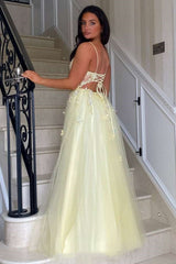 A Line V Neck Open Back High Slit Yellow Lace Long Prom Dress, Yellow Lace Formal Graduation Evening Dress A2283