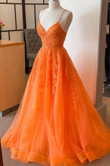 A Line V Neck Orange Lace Long Prom -jurk, oranje kant formele jurk, oranje avondjurk