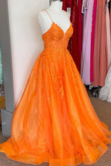 A Line V Neck Orange Lace Long Prom -jurk, oranje kant formele jurk, oranje avondjurk