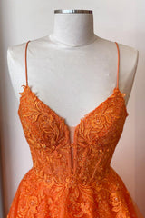 A Line V Neck Orange Lace Long Prom -jurk, oranje kant formele jurk, oranje avondjurk