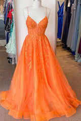 A Line V Neck Orange Lace Long Prom -jurk, oranje kant formele jurk, oranje avondjurk