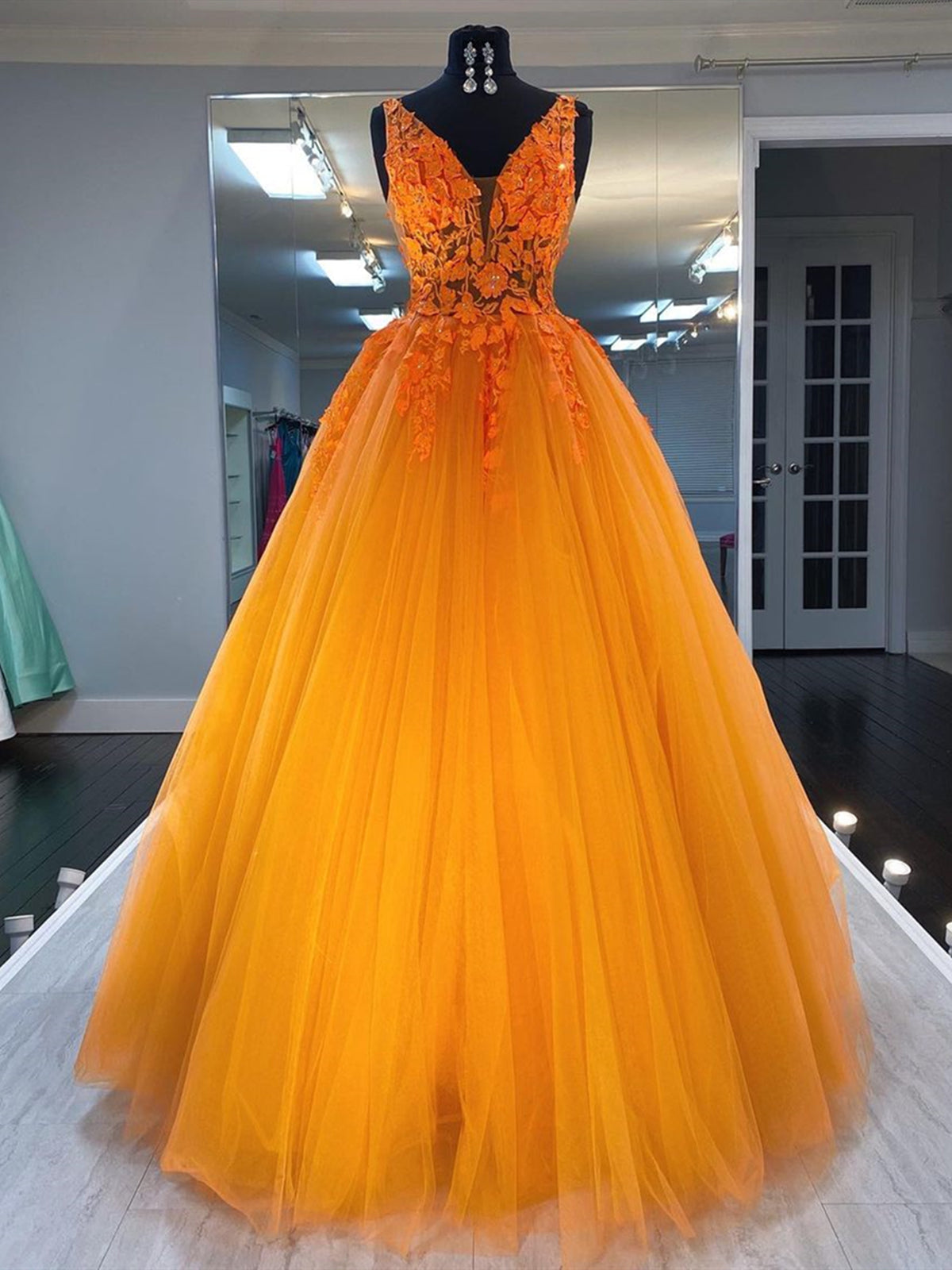 A Line V Neck Orange Lace Long Prom Dresses, V Neck Orange Lace Formal Evening Dresses