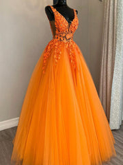 A Line V Neck Orange Lace Prom Dresses, Orange Lace Long Formal Graduation Dresses