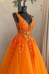 A Line V Neck Orange Lace Prom Dresses, Orange Lace Long Formal Graduation Dresses