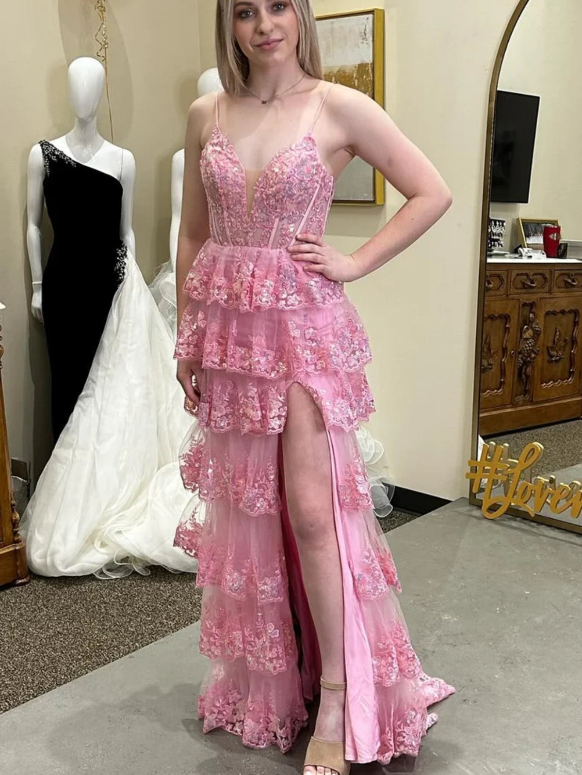 A Line V Neck Pink Lace Layered Long Prom Dresses with High Slit, Pink Lace Formal Dresses, Layered Pink Evening Dresses