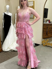 A Line V Neck Pink Lace Layered Long Prom Dresses with High Slit, Pink Lace Formal Dresses, Layered Pink Evening Dresses