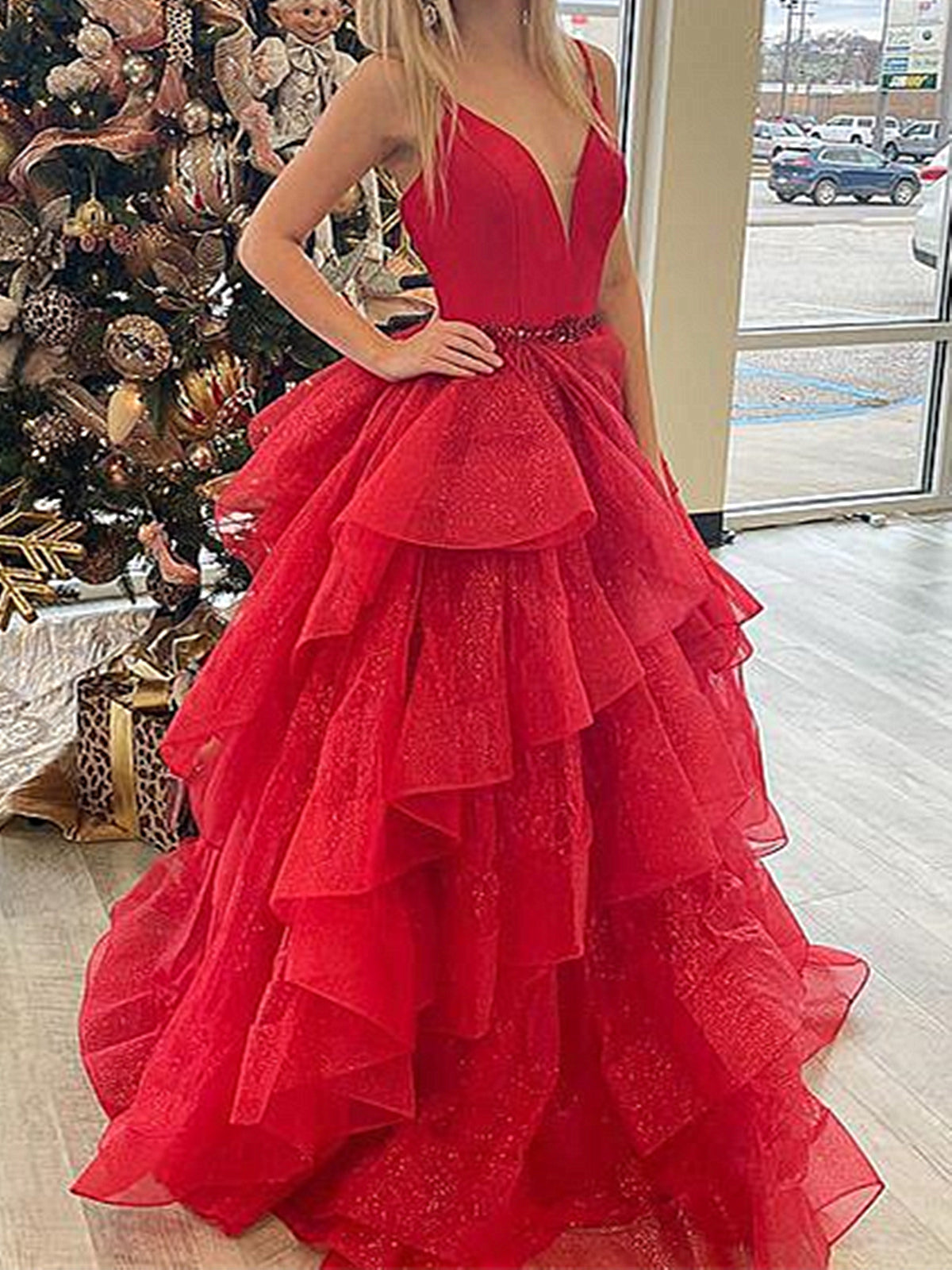 A Line V Neck Red High Low Prom Dresses, Red V Neck High Low Tulle Formal Graduation Dresses