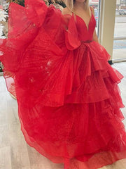A Line V Neck Red High Low Prom Dresses, Red V Neck High Low Tulle Formal Graduation Dresses