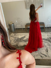 A Line V Neck Red Lace Long Prom Dresses, Red Lace Long Formal Graduation Dresses