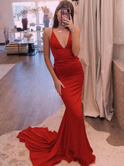 A Line V Neck Red Mermaid Long Prom Dresses, Red Mermaid Long Formal Evening Dresses