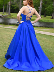 A Line V Neck Royal Blue Long Prom Dresses, Blue V Neck Formal Graduation Dresses