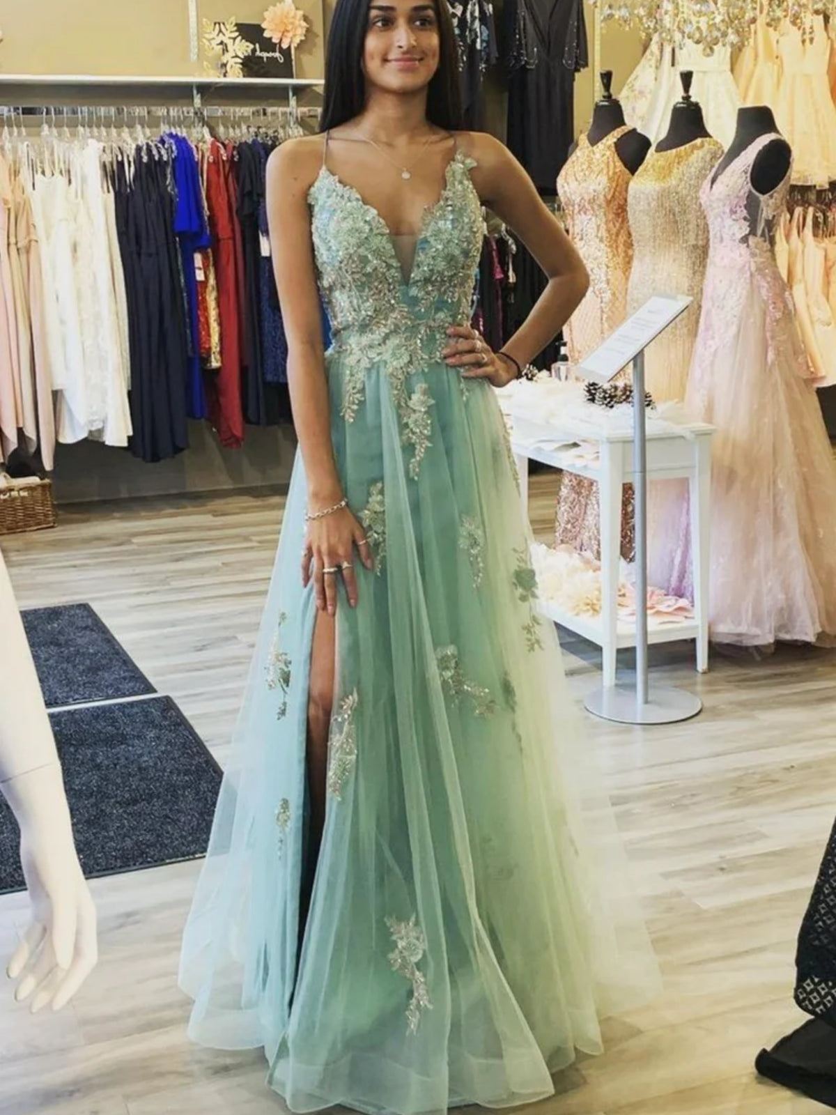 A Line V Neck Sage Tulle Lace Long Prom Dresses with High Slit, Sage Lace Formal Graduation Evening Dresses