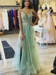 A Line V Neck Sage Tulle Lace Long Prom Dresses with High Slit, Sage Lace Formal Graduation Evening Dresses
