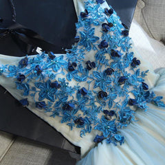 A Line V Neck Short Blue Floral Prom Dresses, Short Floral Blue Graduation Homecoming Dresses