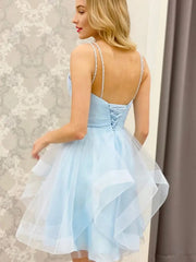A Line V Neck Short Blue Prom Dresses, Short Blue Formal Homecoming Dresses