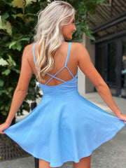 A Line V Neck Short Blue Satin Prom Dresses, Short Blue Satin Formal Homecoming Dresses
