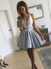 A Line V Neck Short Gray Lace Prom Dresses, Short Grey Lace Formal Graduation Dresses
