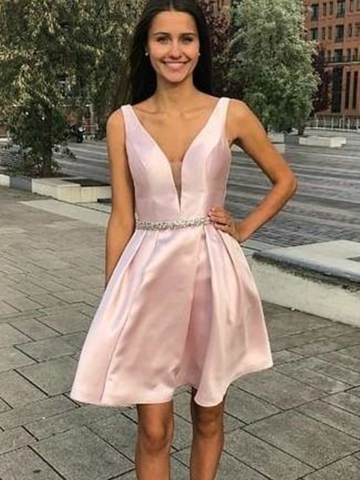 A Line V Neck Short Pink Prom Dresses, Short V Neck Pink Graduation Homecoming Dresses with Beaded Belt