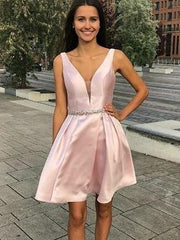 A Line V Neck Short Pink Prom Dresses, Short V Neck Pink Graduation Homecoming Dresses with Beaded Belt