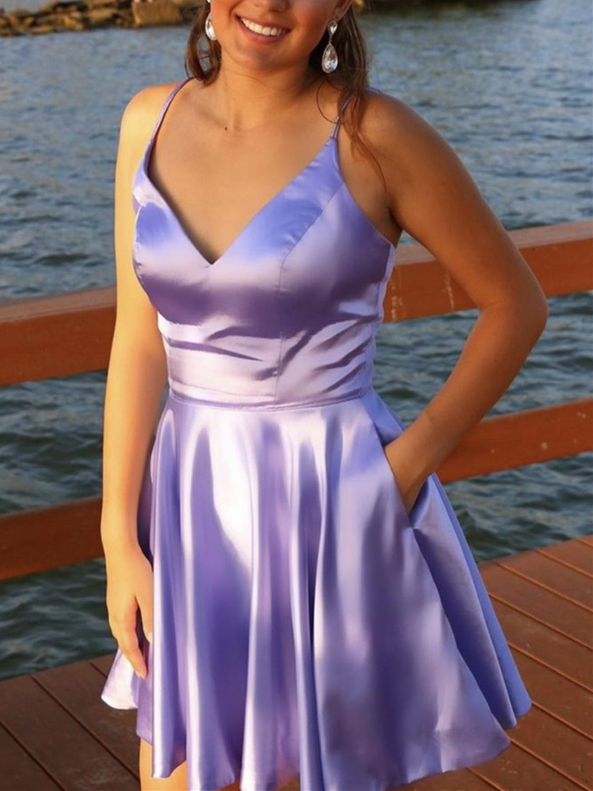 A Line V Neck Short Purple Satin Prom Dresses, Short Purple Satin Formal Homecoming Dresses