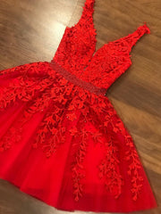 A Line V Neck Short Red Lace Prom Dresses, Short Red Lace Formal Graduation Homecoming Dresses
