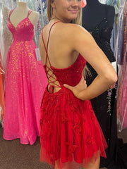 A Line V Neck Short Red Lace Prom Dresses, Short Red Lace Formal Homecoming Dresses