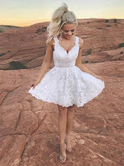 A Line Short White Lace Prom Dresses, Short White Lace Formal Homecoming Dresses