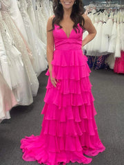 A Line V Neck Spaghetti Straps Pink Yellow Blue Layered Prom Dresses, Layered Long Formal Evening Dresses