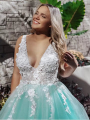 A Line V Neck Turquoise Lace Applique Prom Dresses, V Neck Turquoise Lace Long Formal Graduation Dresses