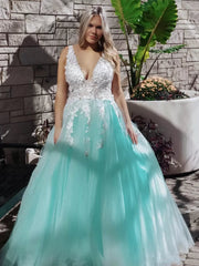 A Line V Neck Turquoise Lace Applique Prom Dresses, V Neck Turquoise Lace Long Formal Graduation Dresses