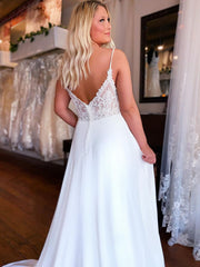 A Line V Neck White Lace Wedding Dresses, White Lace Formal Prom Dresses