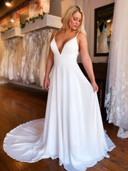 A Line V Neck White Lace Wedding Dresses, White Lace Formal Prom Dresses