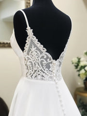 A Line V Neck White Satin Prom Dress with Lace Back, V Neck White Lace Wedding Dresses