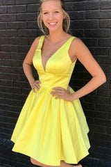 A Line V Neck Yellow Satin Short Prom Homecoming Dress, V Neck Yellow Formal Graduation Evening Dress A1655