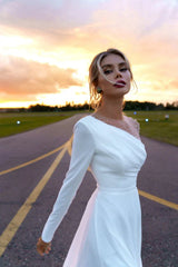 A Line White Chiffon Pearls Long Sleeve Beach Wedding Dresses With Slit