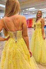 2024 A Line Yellow Lace Long Prom Dress V Neck Open Back UK Evening Dress Cheap