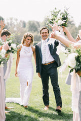 High Neck Sheath/Column Backless Lace Boho Wedding Dress with Long Train