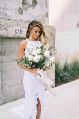 High Neck Sheath/Column Backless Lace Boho Wedding Dress with Long Train
