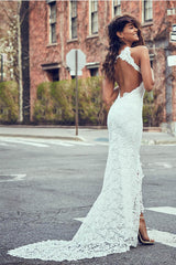 High Neck Sheath/Column Backless Lace Boho Wedding Dress with Long Train
