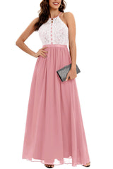 Burgundy A Line Halter Long Bridesmaid Dress with Lace